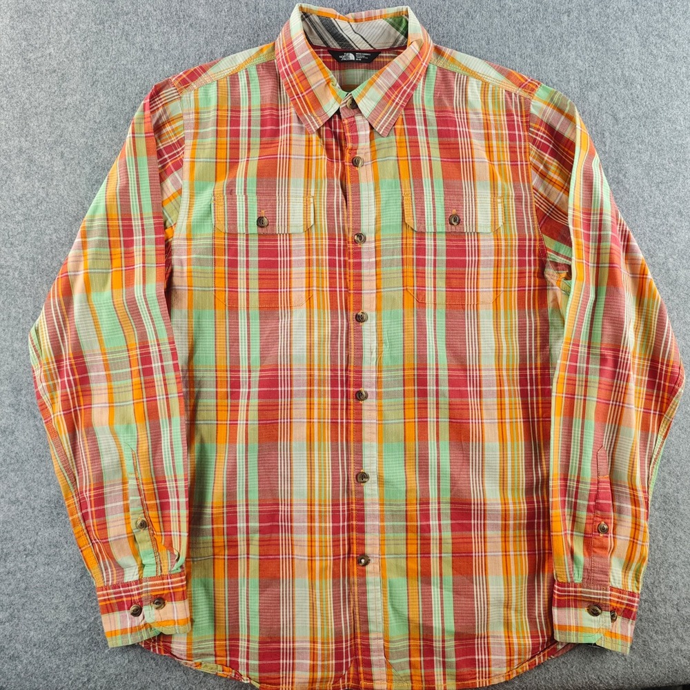 The North Face Button Down Mens Medium Long Sleeve Orange Plaid Hiking Shirt